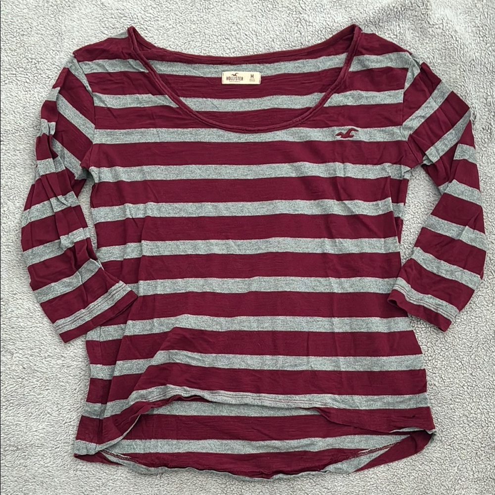 Hollister Women's Striped Maroon and Gray Top